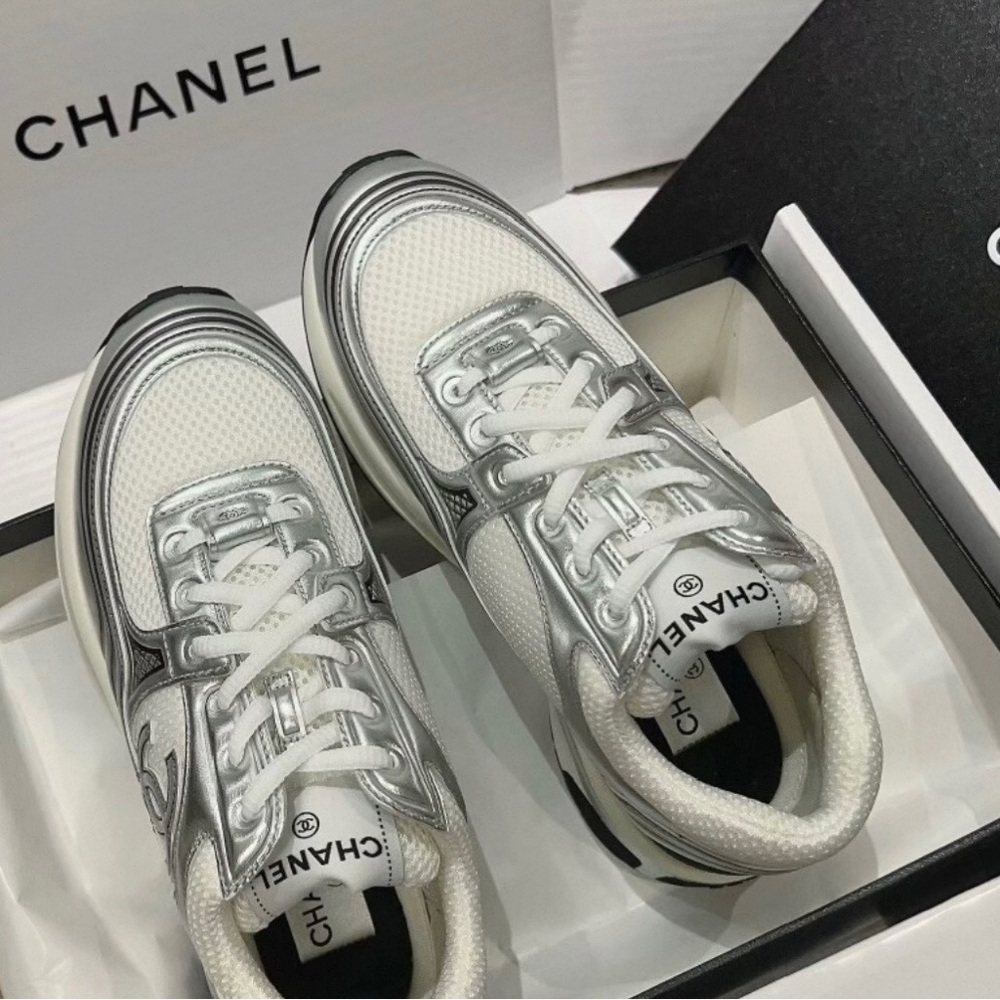 CHANEL Women's Metallic Silver and White Sneakers